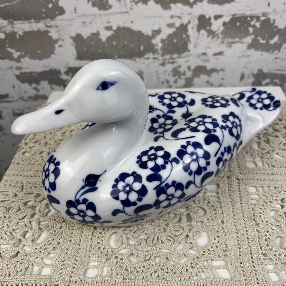 Chinoiserie Porcelain Nesting Duck Figure Cobalt Blue Floral Hand Painted
